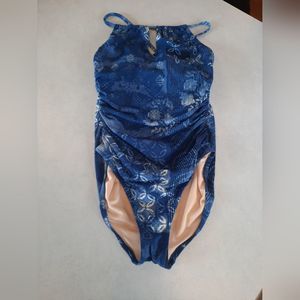 Garnet Hill Signature High-Neck One-Piece Blue Floral Swimsuit  Size 04